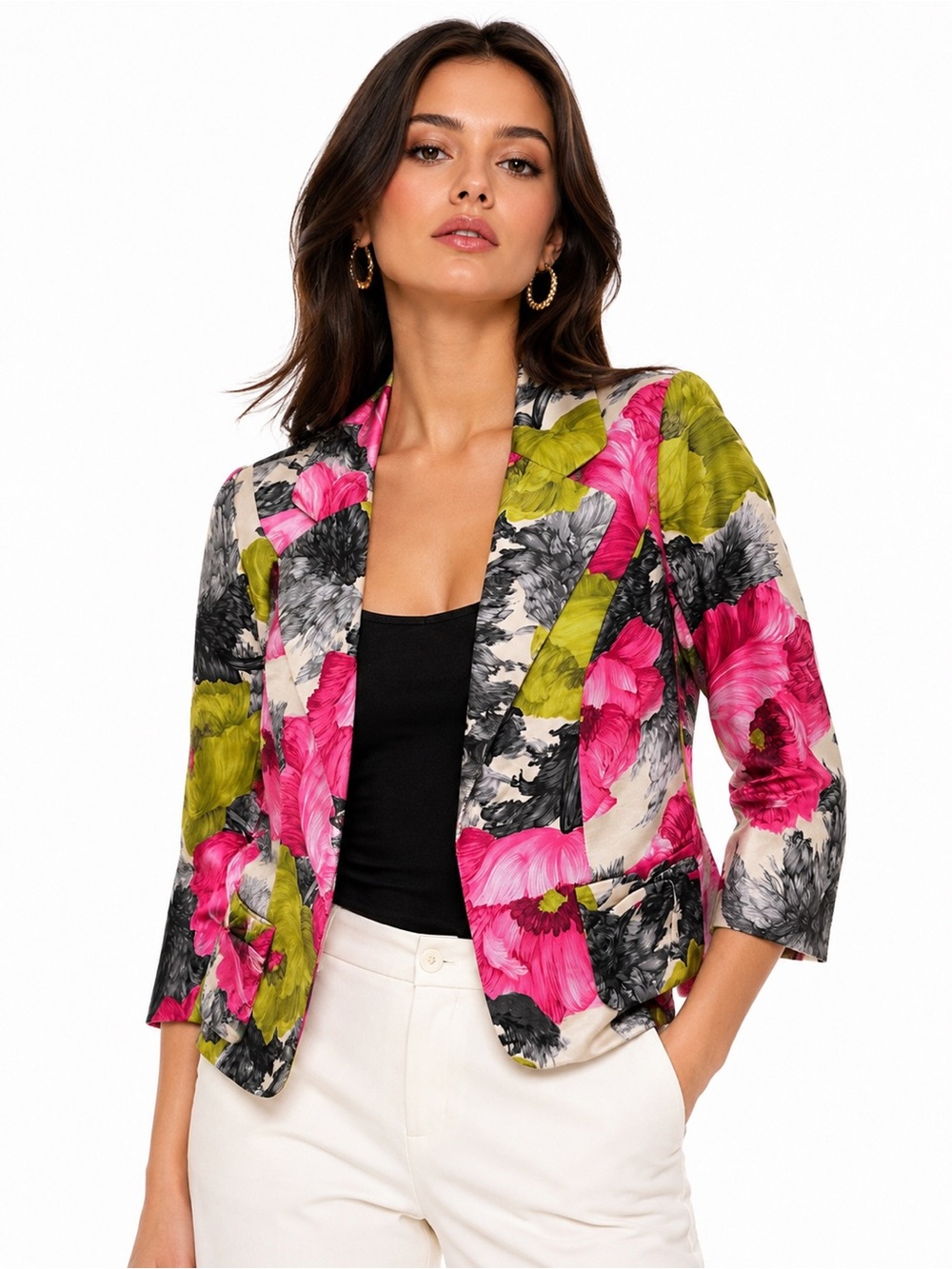 Vintage Milly 100% Silk Floral Blazer Jacket Pink Green Black Cropped 10